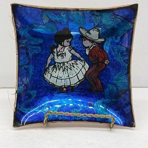 Vintage Mexican Glass Trinket Dish/Wall Hanging Boy & Girl Dancing Hand Painted